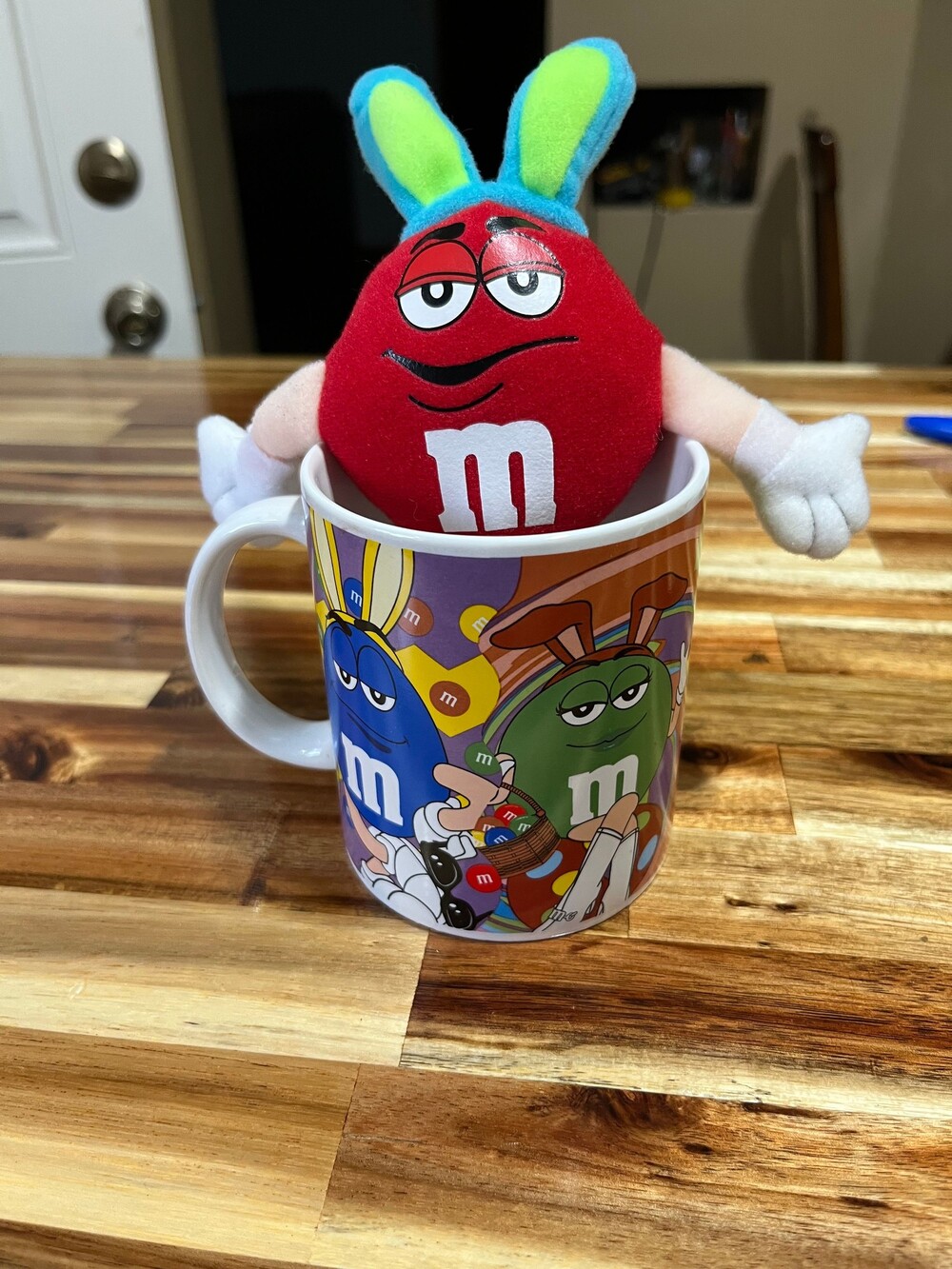 Galerie M&M Ceramic Mug and Red M&M plush with bunny ears